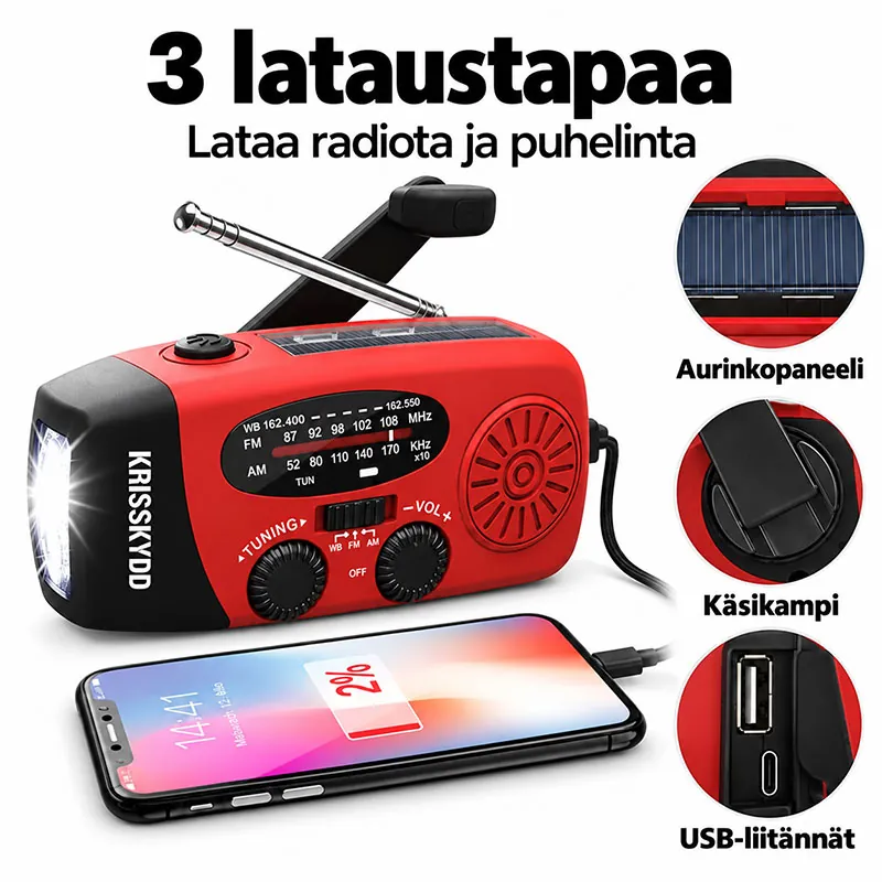 Kolme lataustapaa: aurinkopaneeli, käsikampi ja USB-liitännät